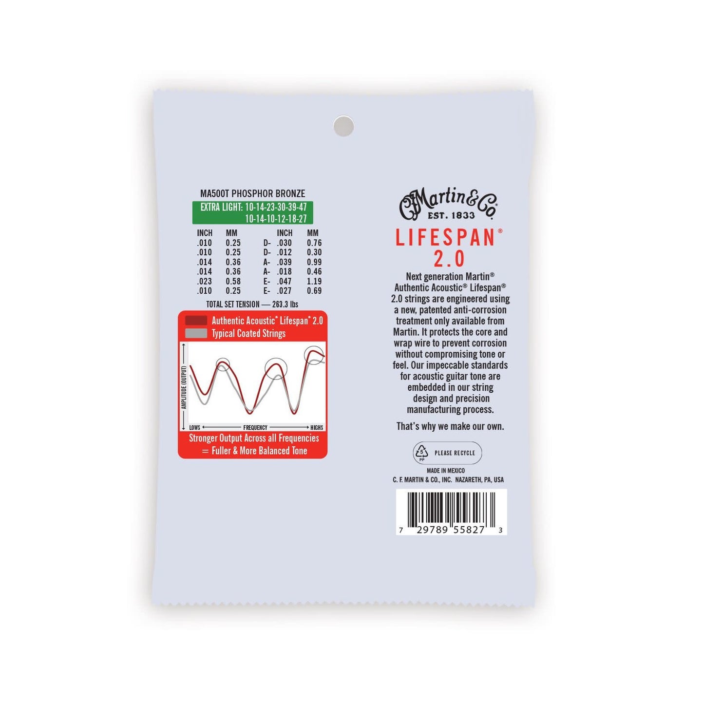 Martin MA500T Authentic Acoustic Lifespan 2.0 Strings Phosphor Bronze Extra Light 12S