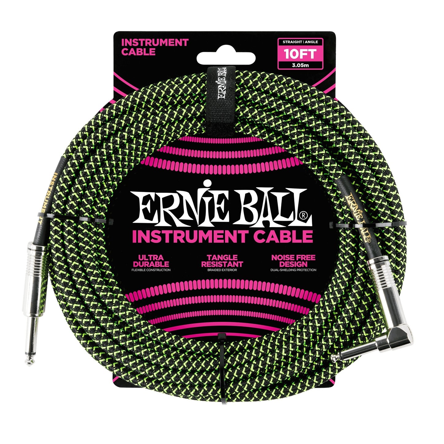 Ernie Ball 10' Braided Straight / Angle Instrument Cable - Black Green
