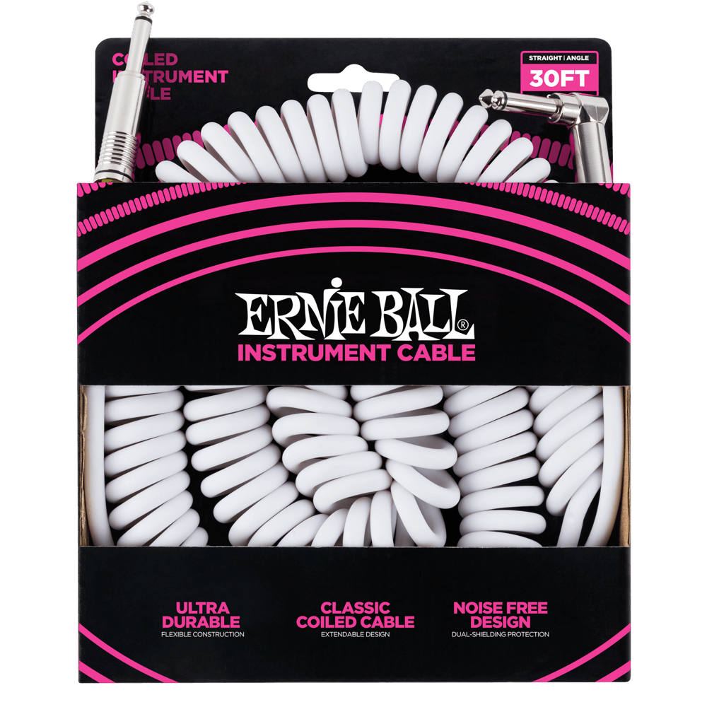 Ernie Ball 30' Coiled Cable Straight/Angled White