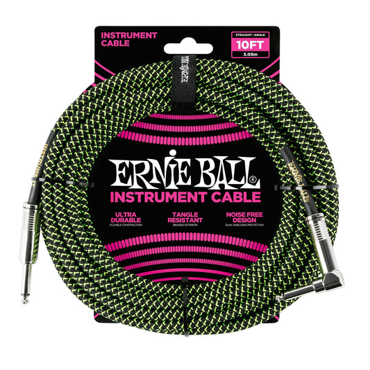 Ernie Ball 10' Braided Straight / Angle Instrument Cable - Black Green